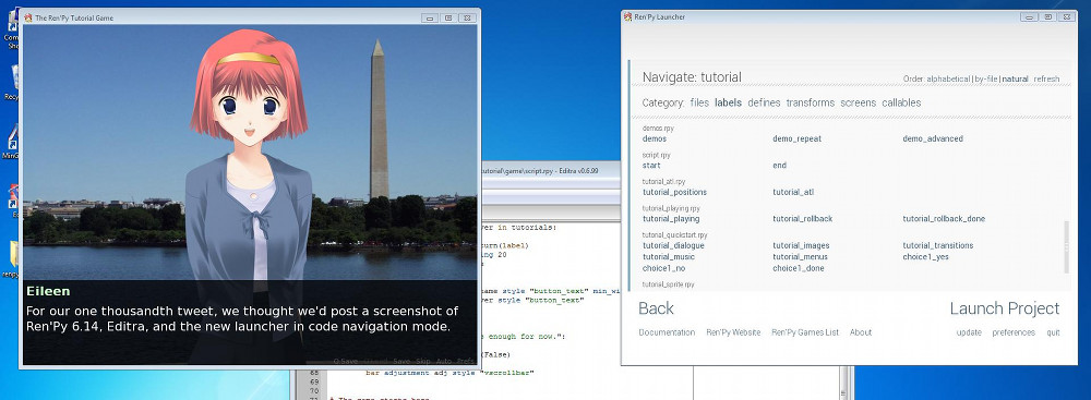 Screenshot of Ren'Py, Editra, and the Ren'Py Launcher